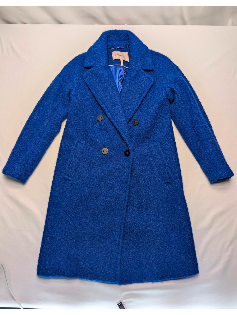 BCBGeneration Royal Blue Boucle Long Fuzzy Pea Coat Double Breasted Cozy Chic XS